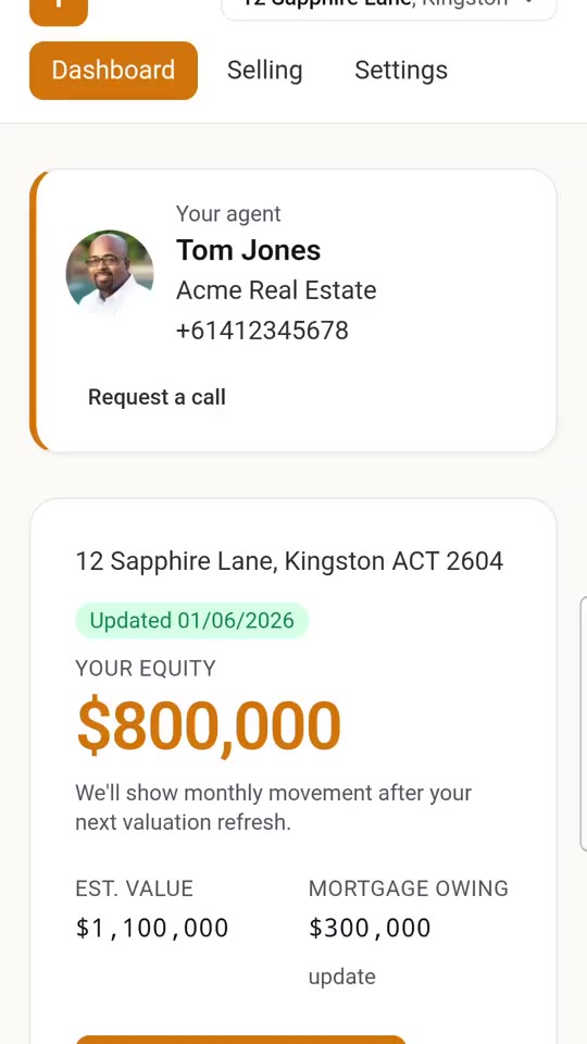 Titlekeep dashboard with the homeowner's equity figure and their agent's contact card.